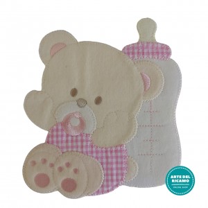 Iron-on Patch - Large Teddy Bear with Pacifier and Feeding Bottle - Pink